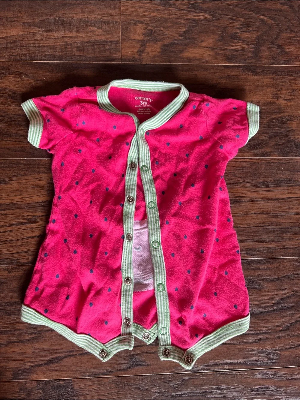 Carter's Bright Pink Short-Sleeve Snap Watermelon Romper with Green Trim
